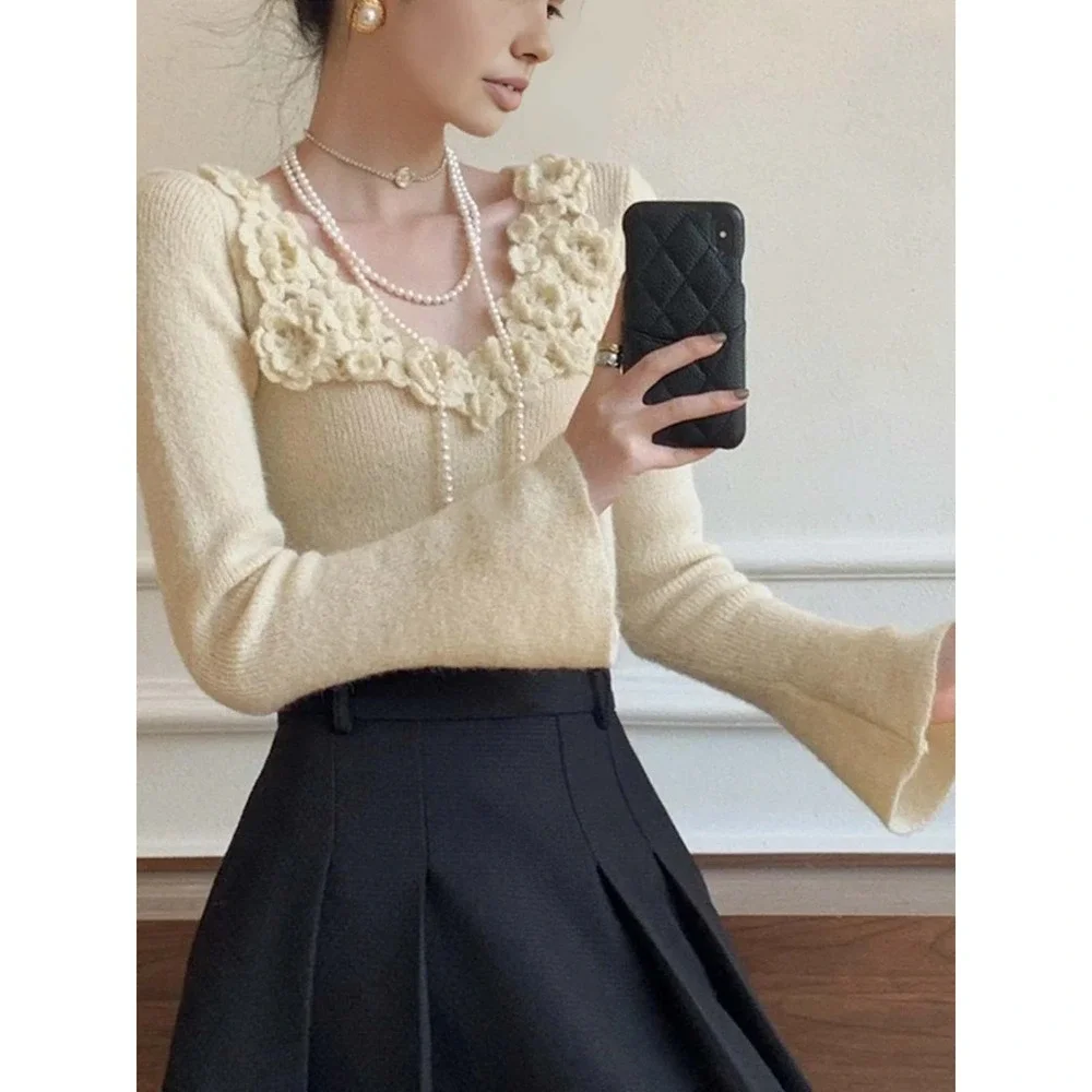 Commense Chic Cream Crochet Flower Trim V Neck Long Sleeve Crop Sweater Top L